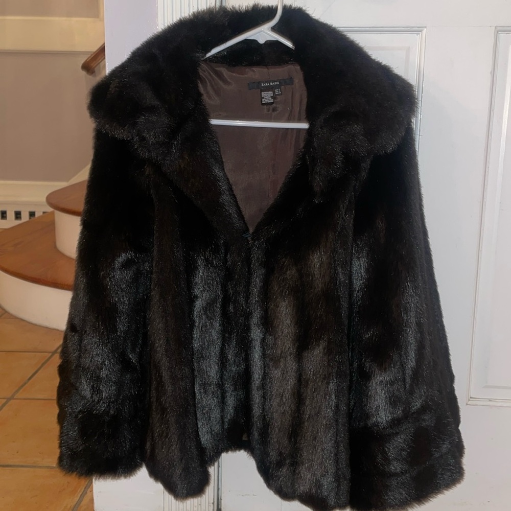 Zara Basic faux fur jacket black/brown size small